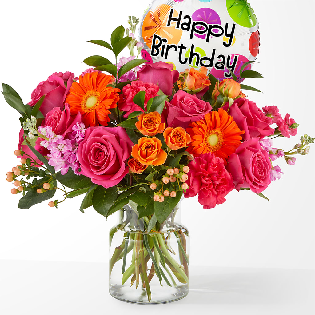 Fiesta Bouquet with Birthday Balloon – Luxe Arrangements, Agawam MA