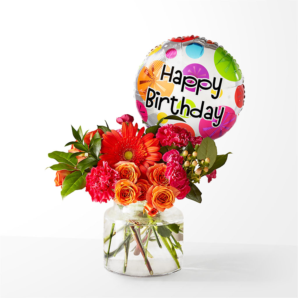 Fiesta Bouquet with Birthday Balloon – Luxe Arrangements, Agawam MA