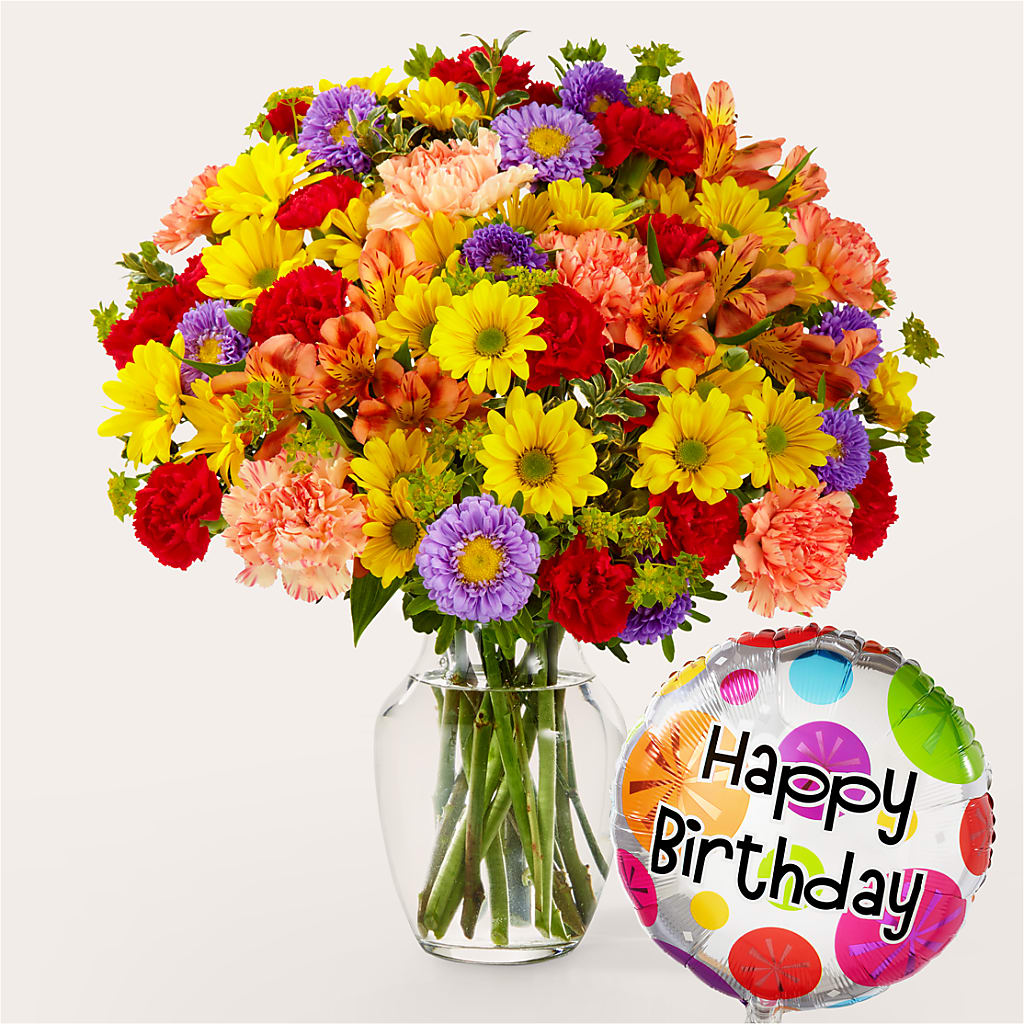 Kaleidoscope Bouquet with Birthday Balloon – Luxe Arrangements, Agawam MA