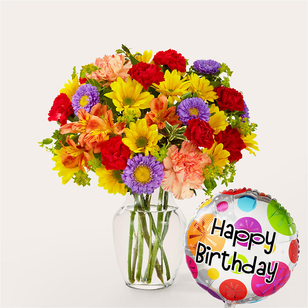 Kaleidoscope Bouquet with Birthday Balloon – Luxe Arrangements, Agawam MA