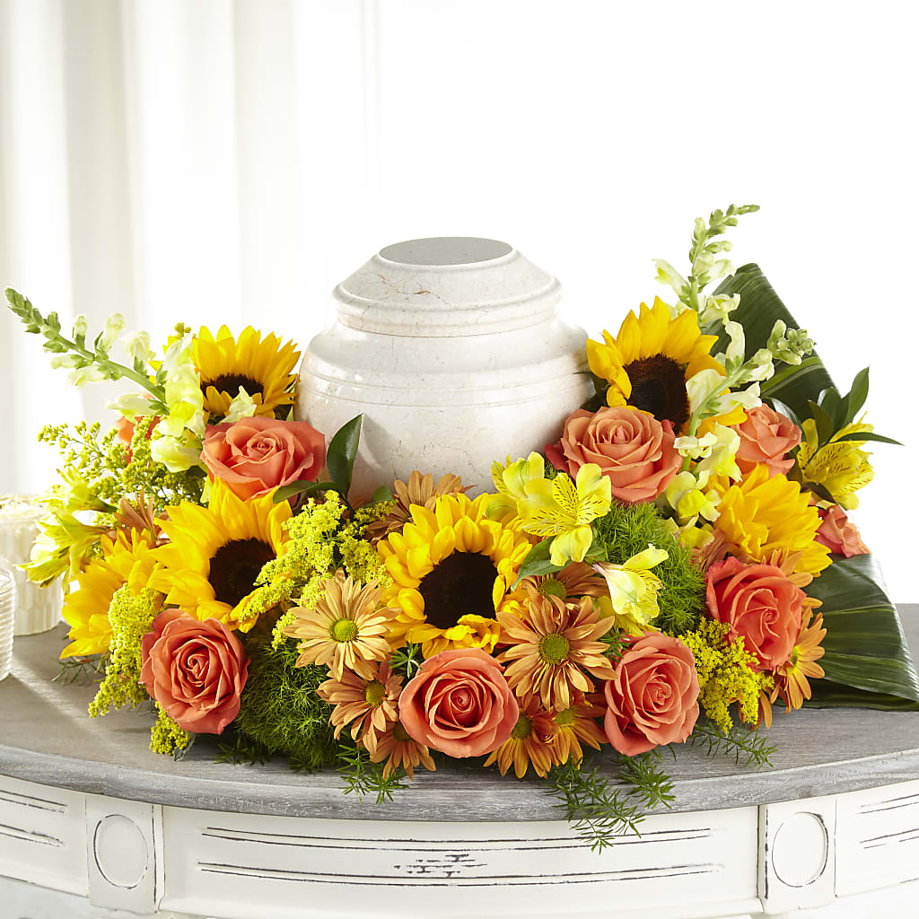 Faithful Sunflower Cremation Adornment – Luxe Arrangements, Agawam MA