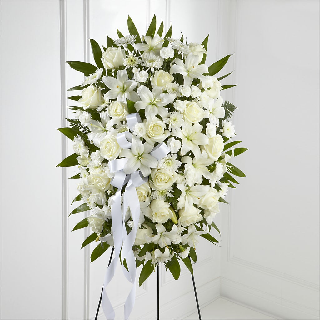 Exquisite Tribute Standing Spray-White Ribbon – Luxe Arrangements, Agawam MA