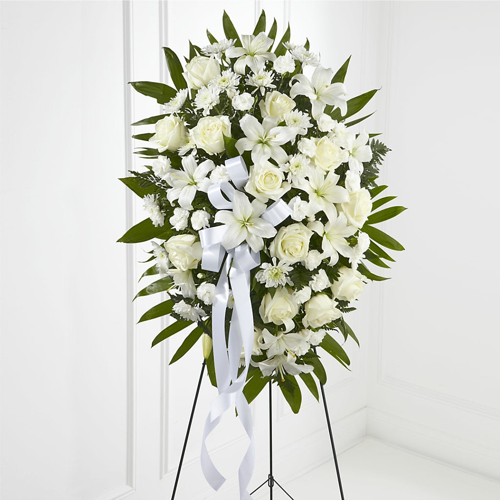 Exquisite Tribute Standing Spray-White Ribbon – Luxe Arrangements, Agawam MA