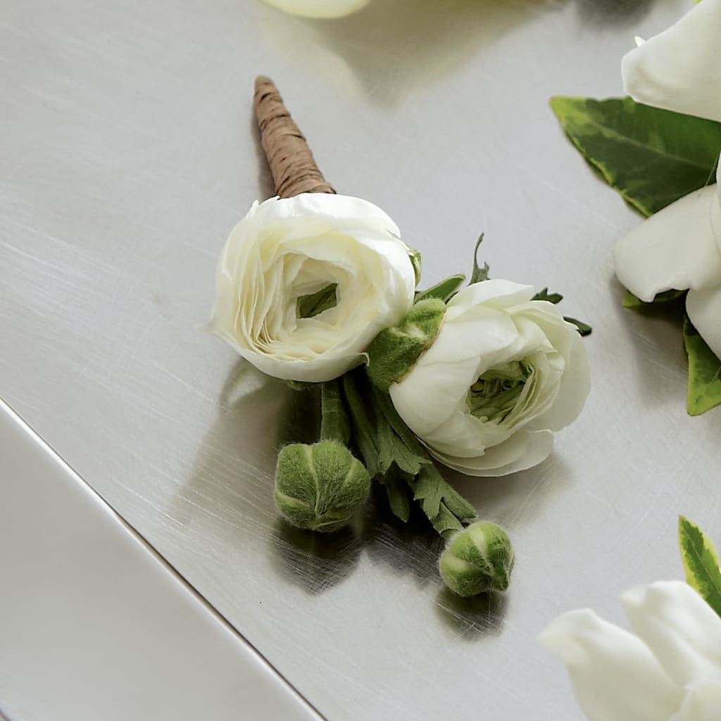 White Ranunculus Boutonniere – Luxe Arrangements, Agawam MA