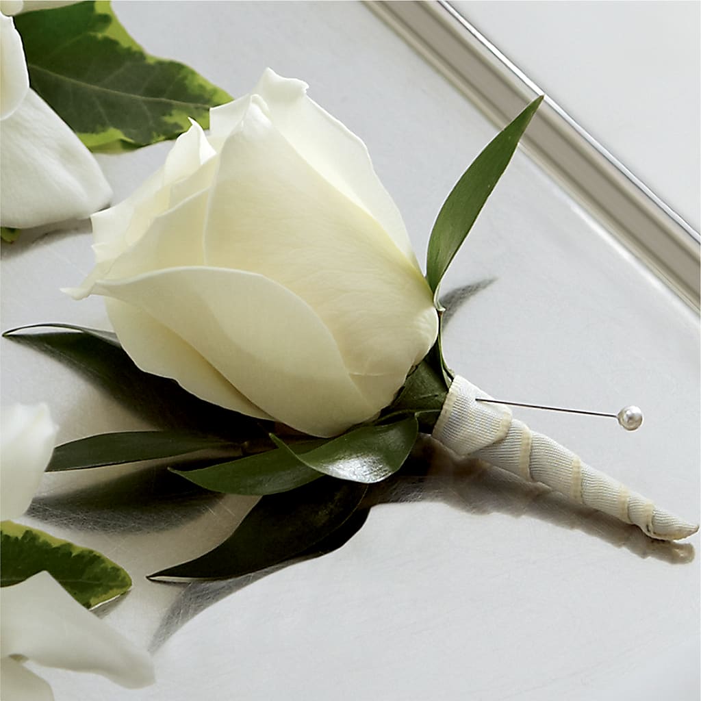 White Rose Boutonniere – Luxe Arrangements, Agawam MA